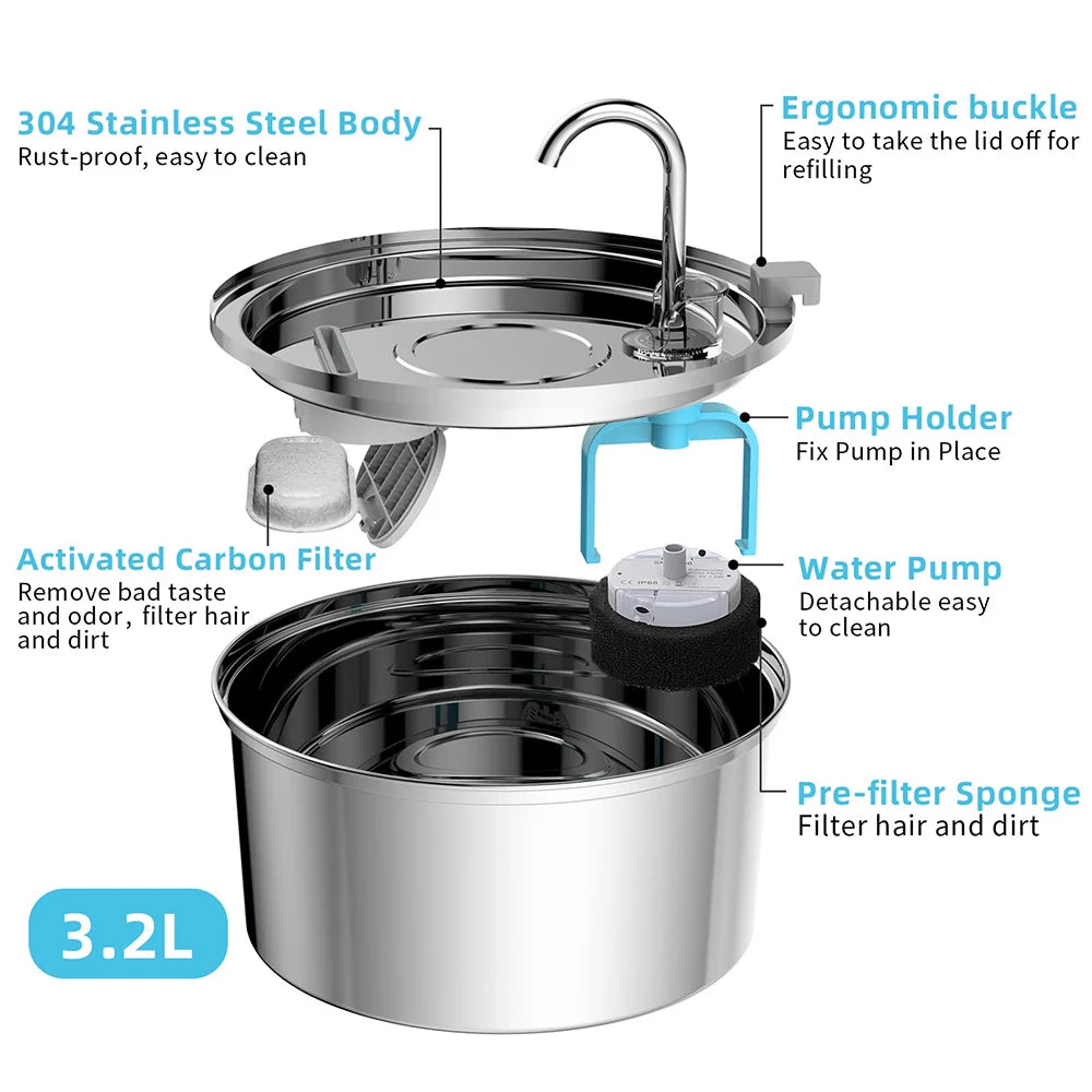 3.2L Stainless Steel Pet Water Fountain